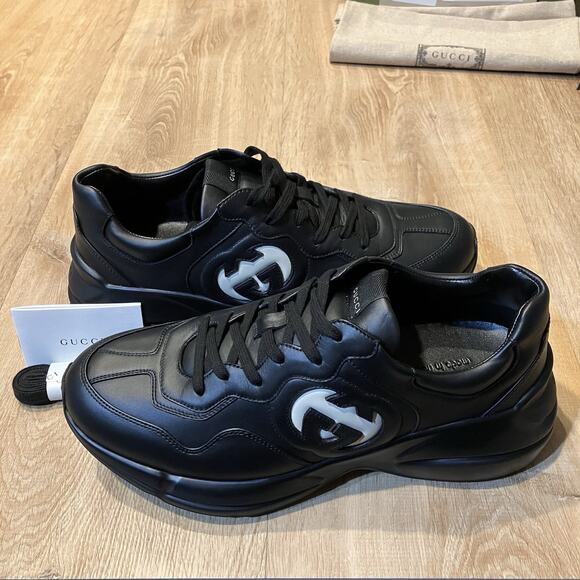 Gucci Rython GG Black Logo White Low Top BRAND NEW 757857 Men Sz 10.5 AUTHENTIC - Picture 1 of 11